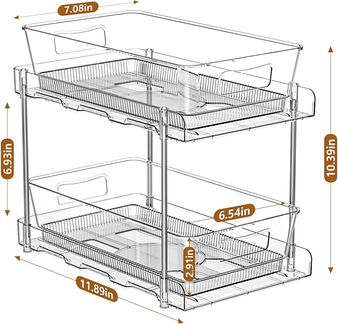 2 Pack Bathroom Under Sink Organizer, Slide Out Cabinet Drawer, Multi-use for Bathroom Kitchen Pantry, Clear