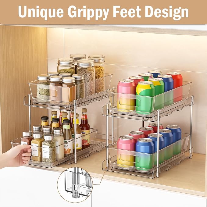 2 Pack Bathroom Under Sink Organizer, Slide Out Cabinet Drawer, Multi-use for Bathroom Kitchen Pantry, Clear