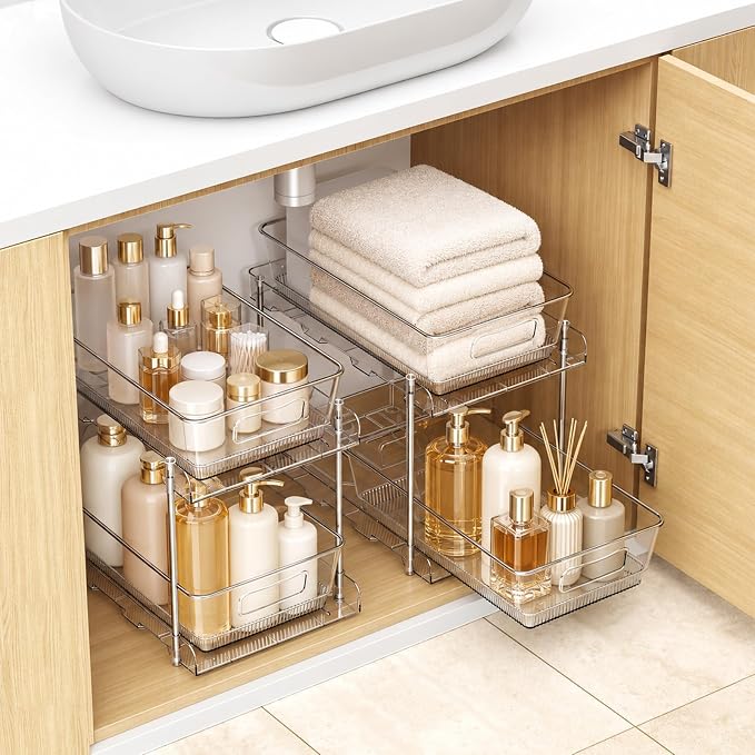 2 Pack Bathroom Under Sink Organizer, Slide Out Cabinet Drawer, Multi-use for Bathroom Kitchen Pantry, Clear